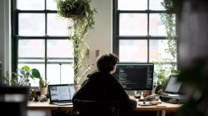A person working on coding at a desk surrounded by plants, with a large monitor and laptop in a bright, modern workspace.